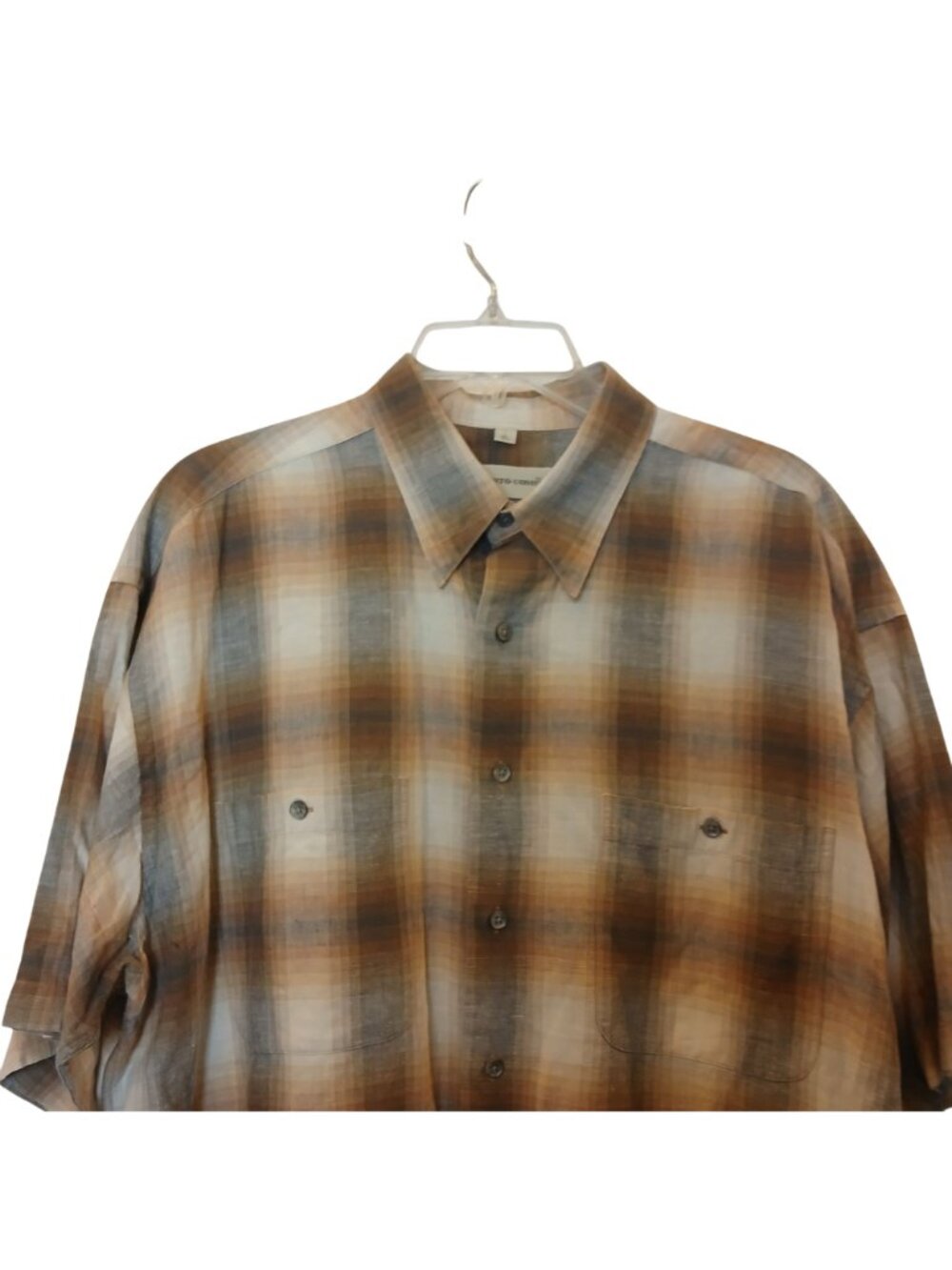 Pronto Uomo Short Sleeve Button-Up Shirt XL Linen/Cotton Blend Brown Plaid #I-5 - Picture 7 of 7